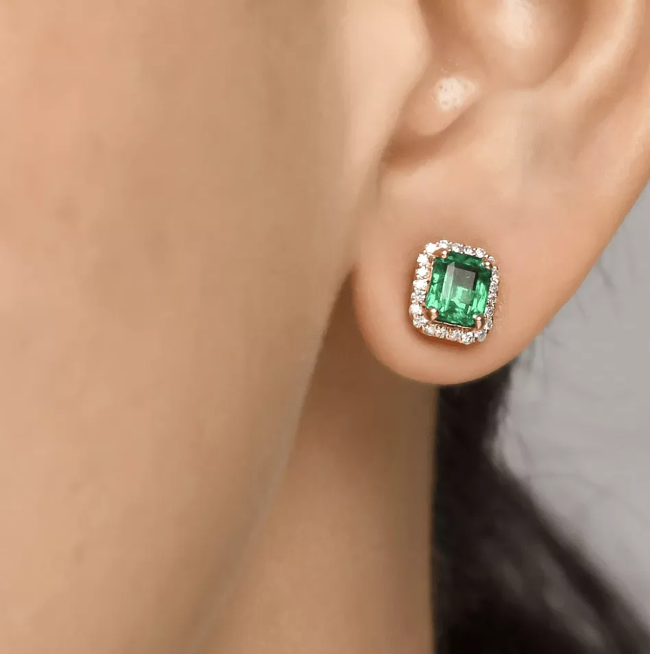 14K & 18K Gold Emerald and Halo Diamond Stud Earrings