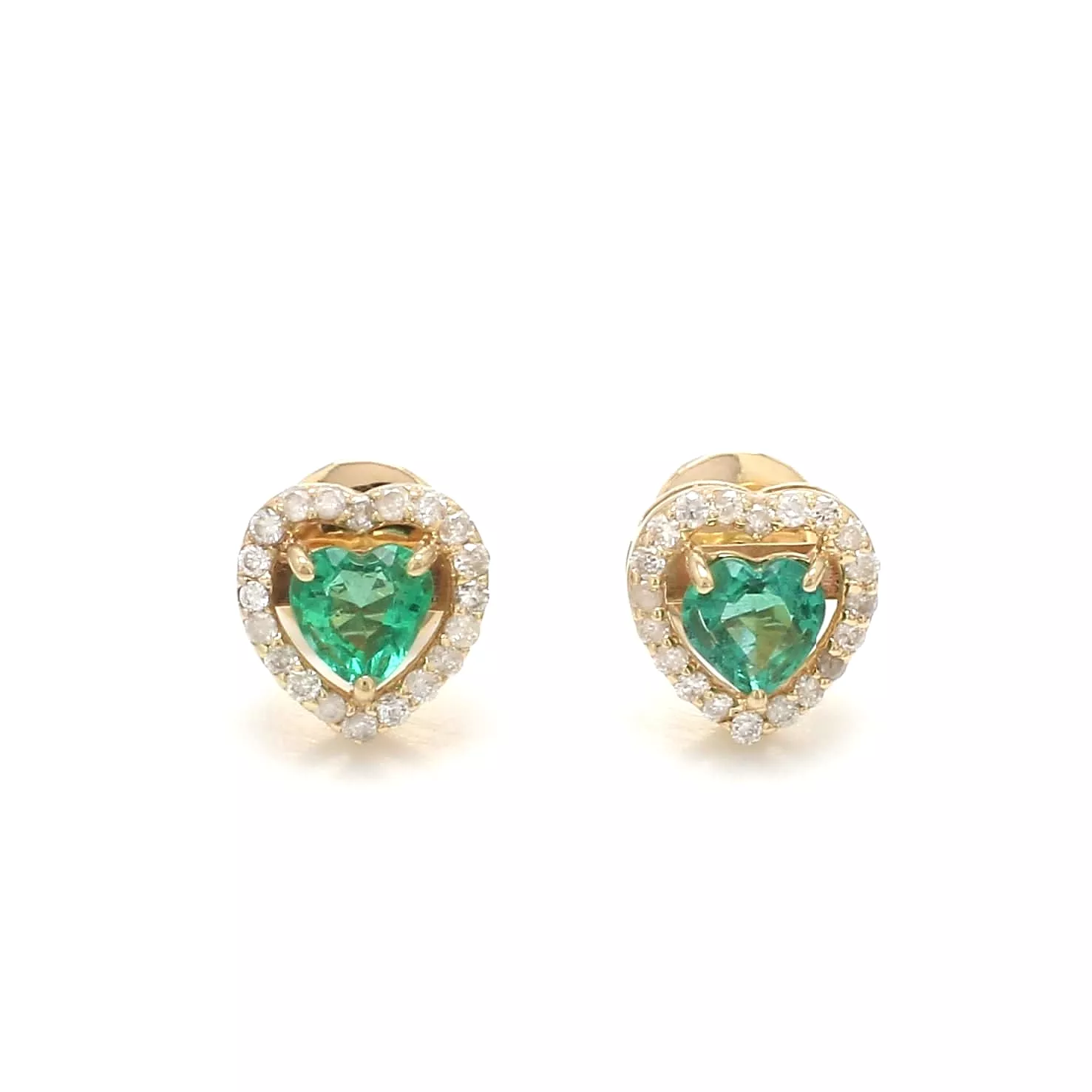 14K & 18K Gold Emerald Heart and Halo Diamond Stud Earrings