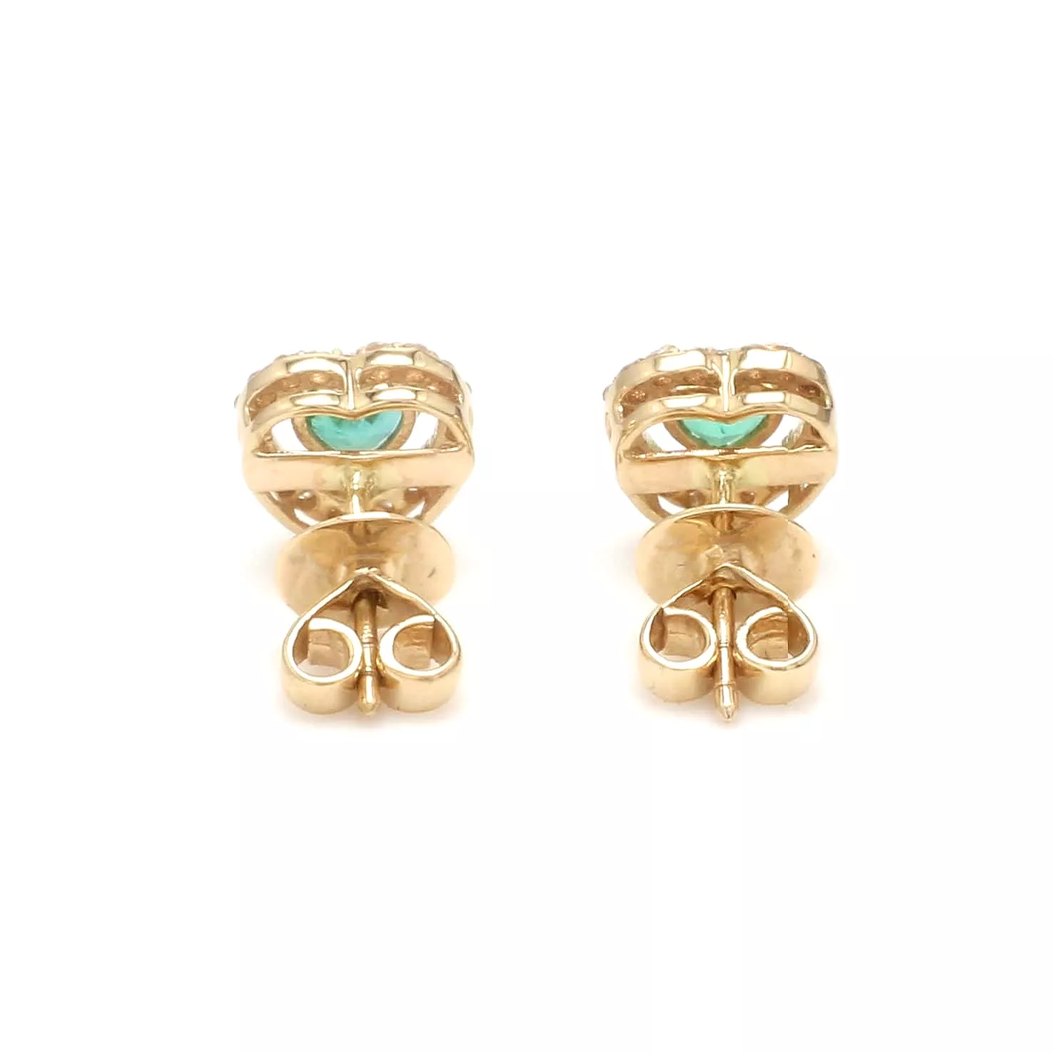 14K & 18K Gold Emerald Heart and Halo Diamond Stud Earrings