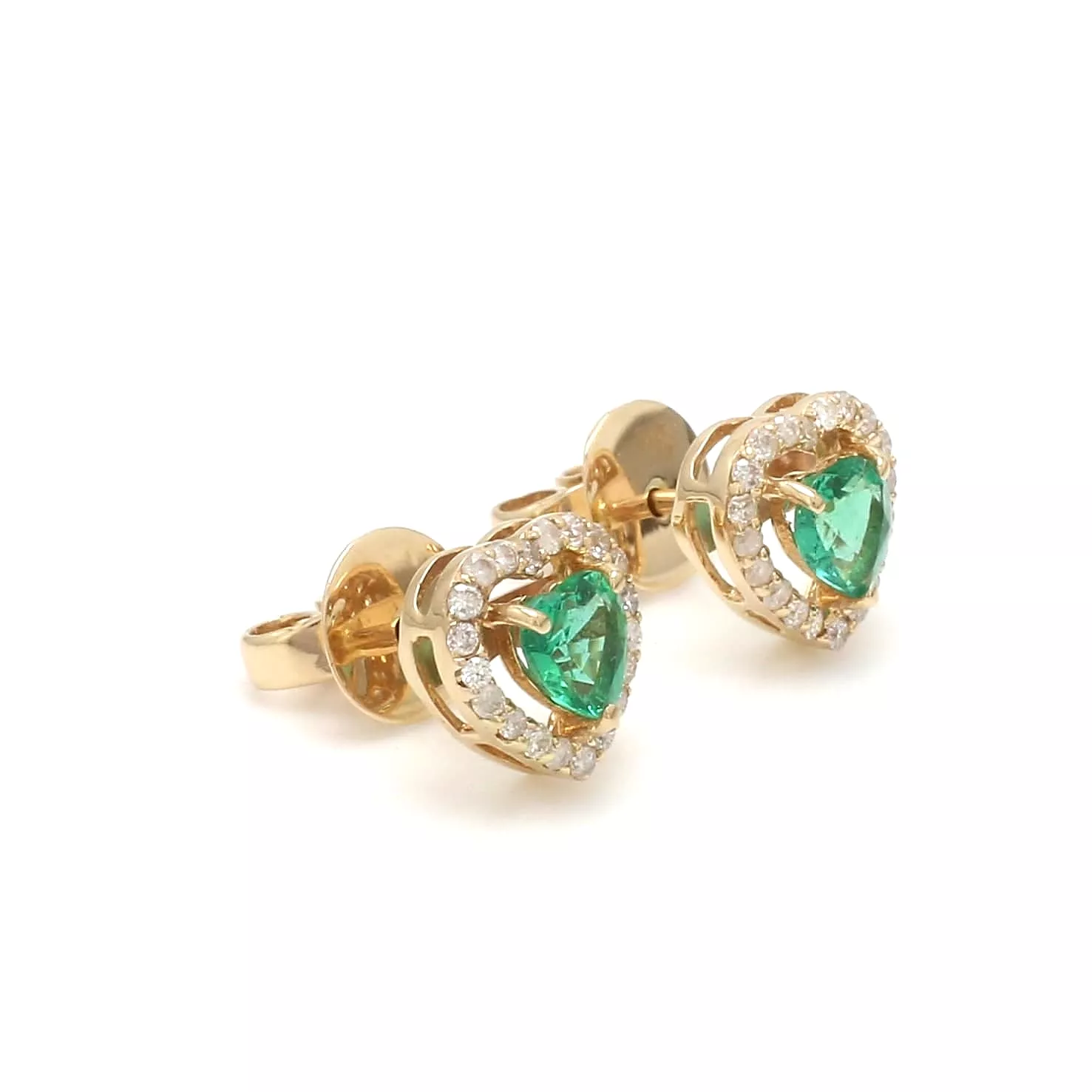 14K & 18K Gold Emerald Heart and Halo Diamond Stud Earrings