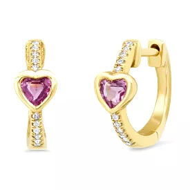 14K Gold and Diamond Pink Sapphire Heart Huggie Hoops Earrings