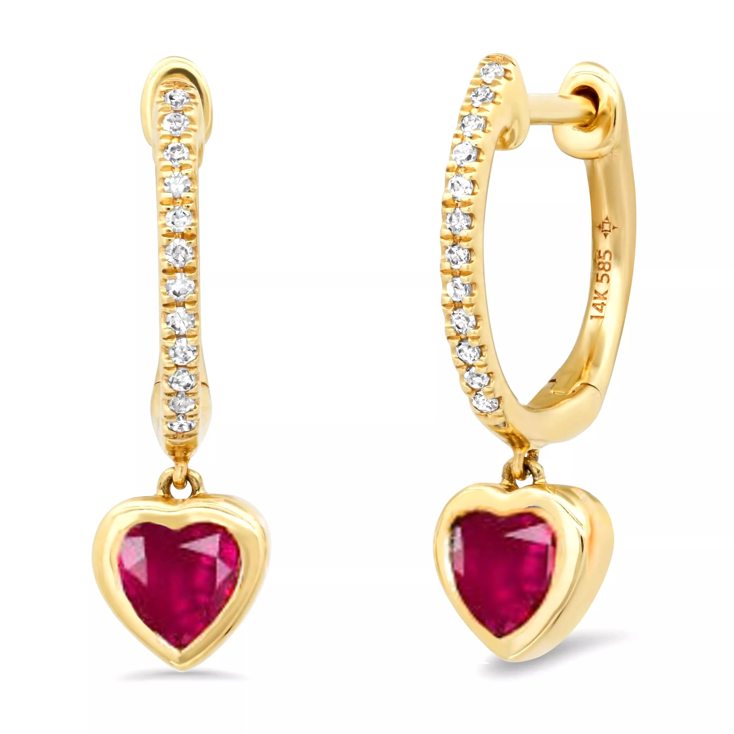 14K Gold and Diamond Ruby Heart Drop Hoops Earrings