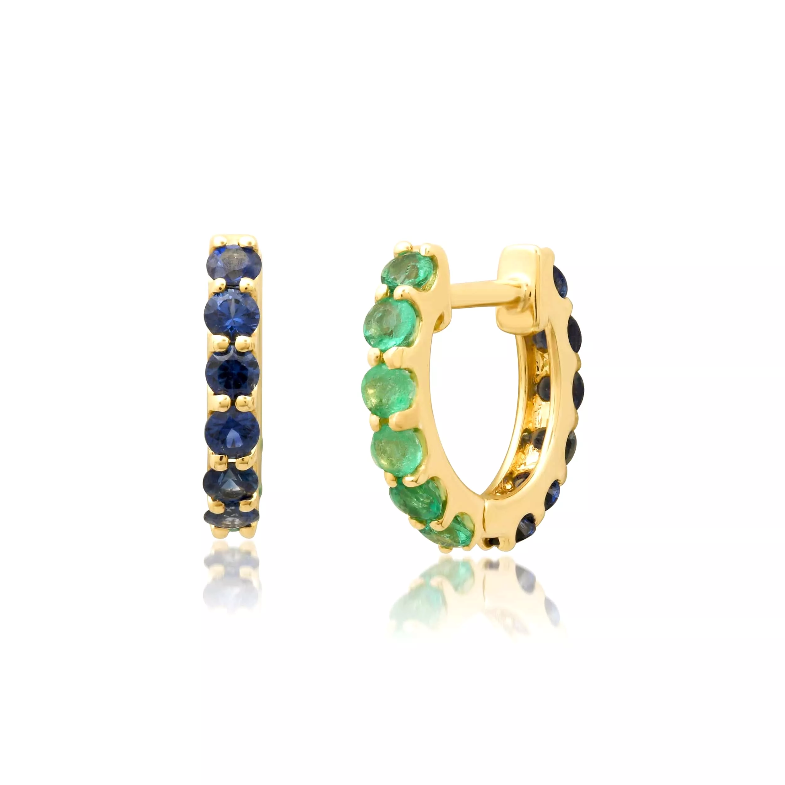 14K Gold Half & Half Blue Sapphire & Emerald Huggie Hoops Earrings