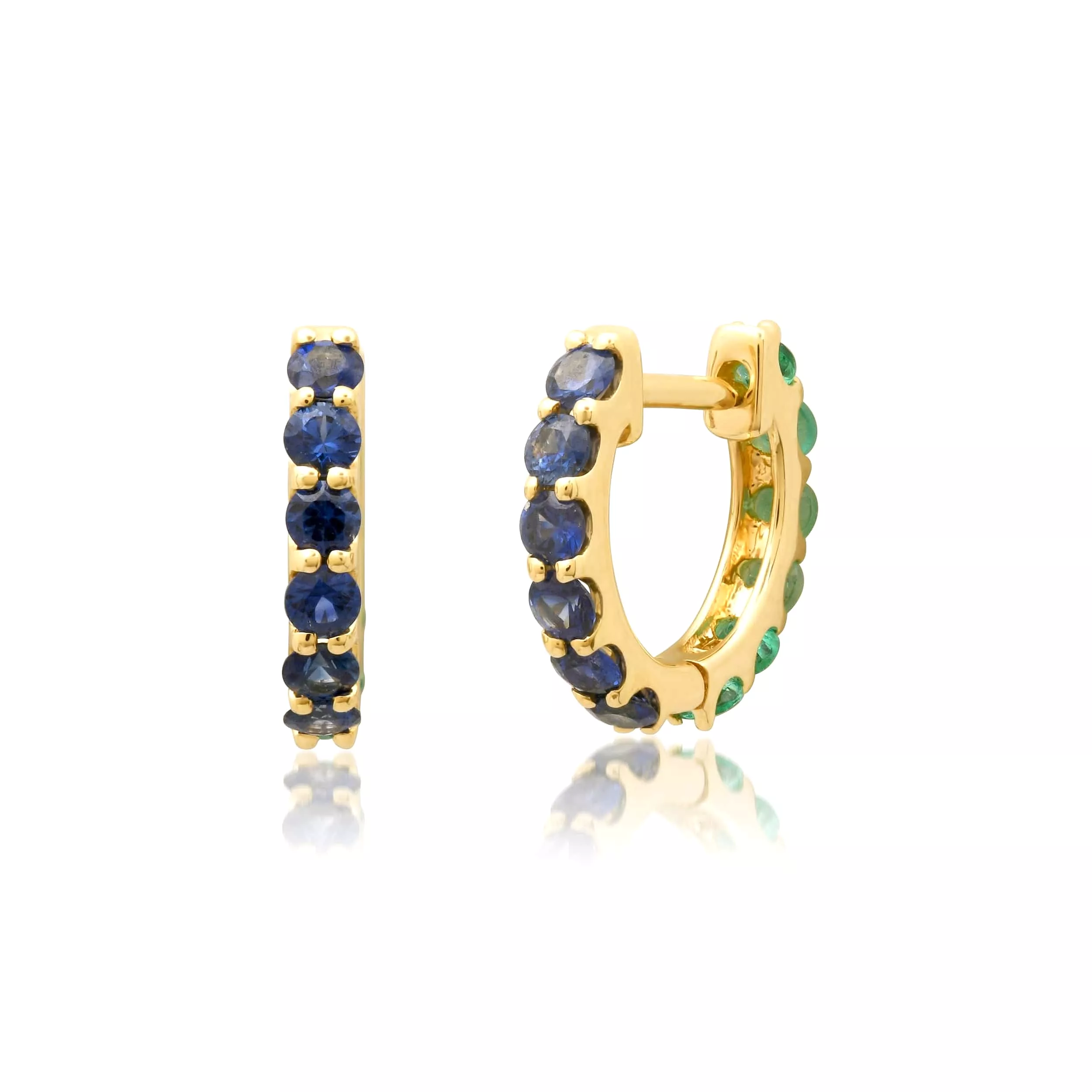 14K Gold Half & Half Blue Sapphire & Emerald Huggie Hoops Earrings