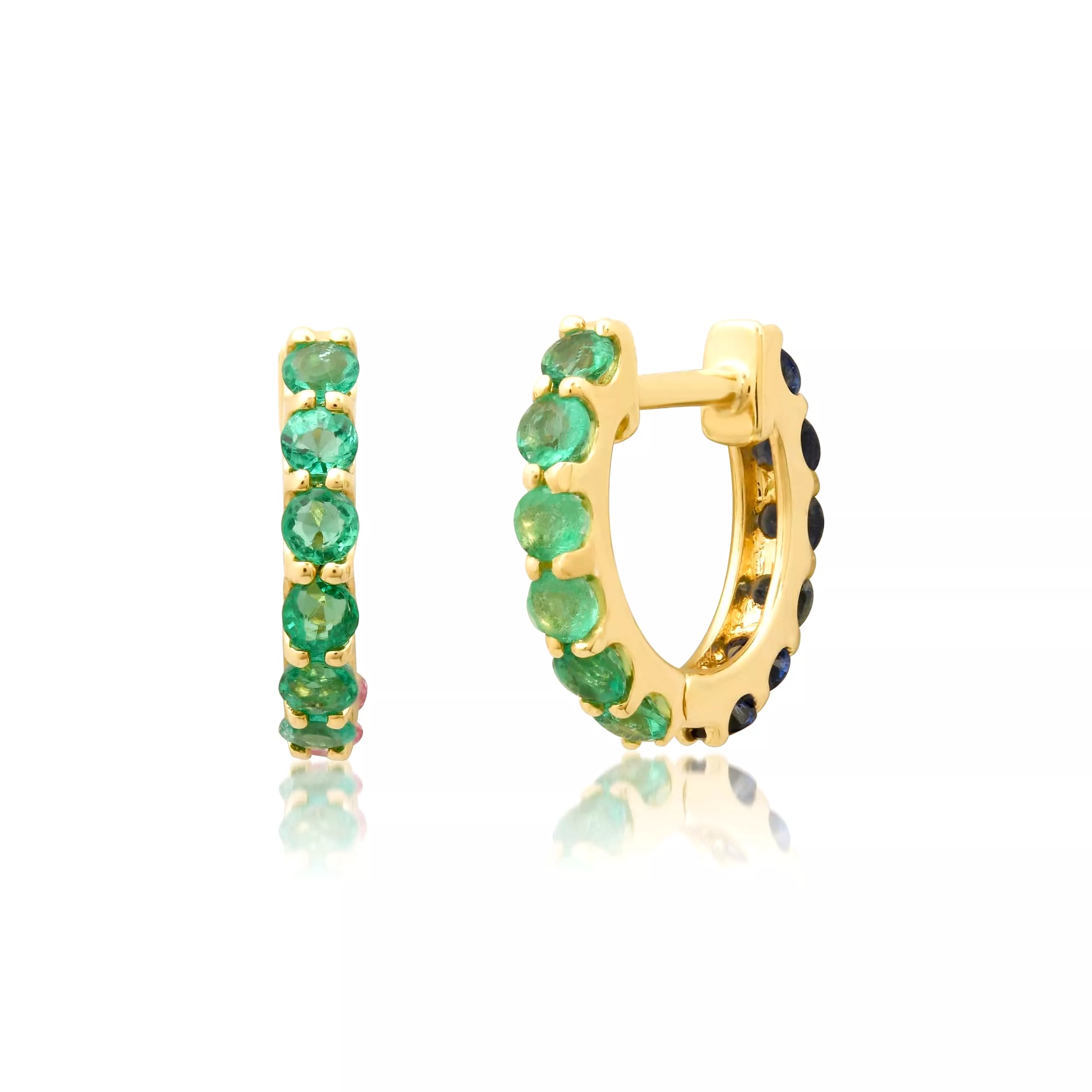 14K Gold Half & Half Blue Sapphire & Emerald Huggie Hoops Earrings