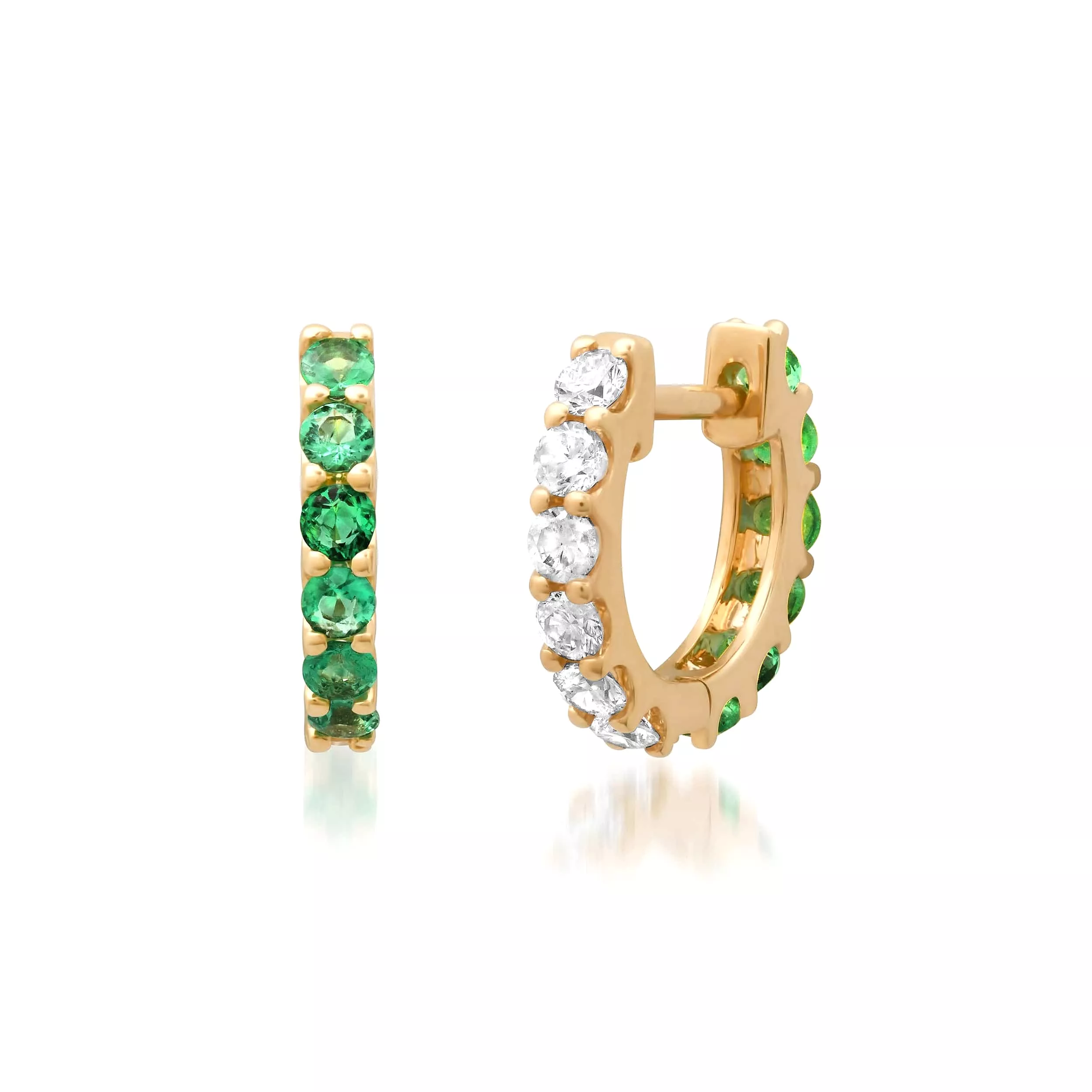 14K Gold Half & Half Emerald & Diamond Huggie Hoops Earrings