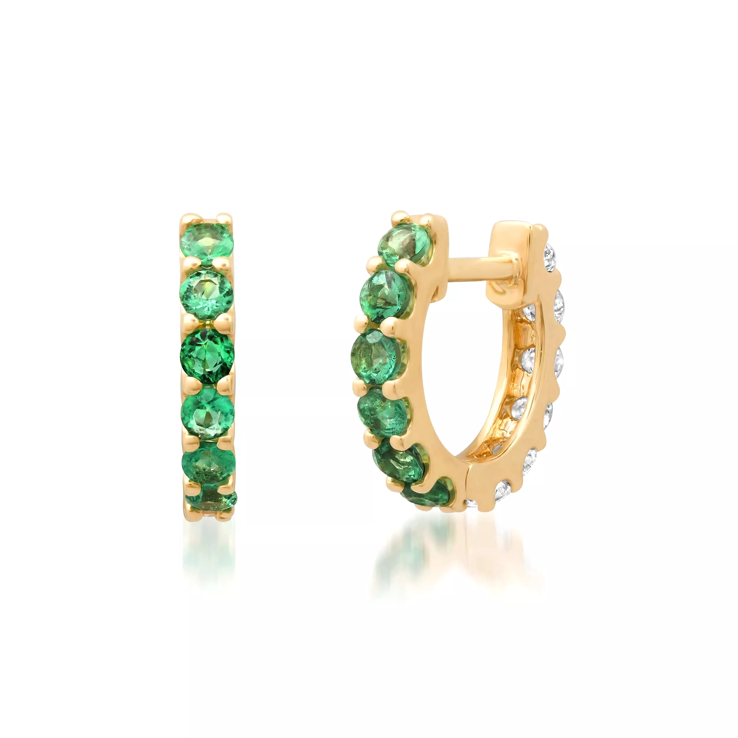 14K Gold Half & Half Emerald & Diamond Huggie Hoops Earrings