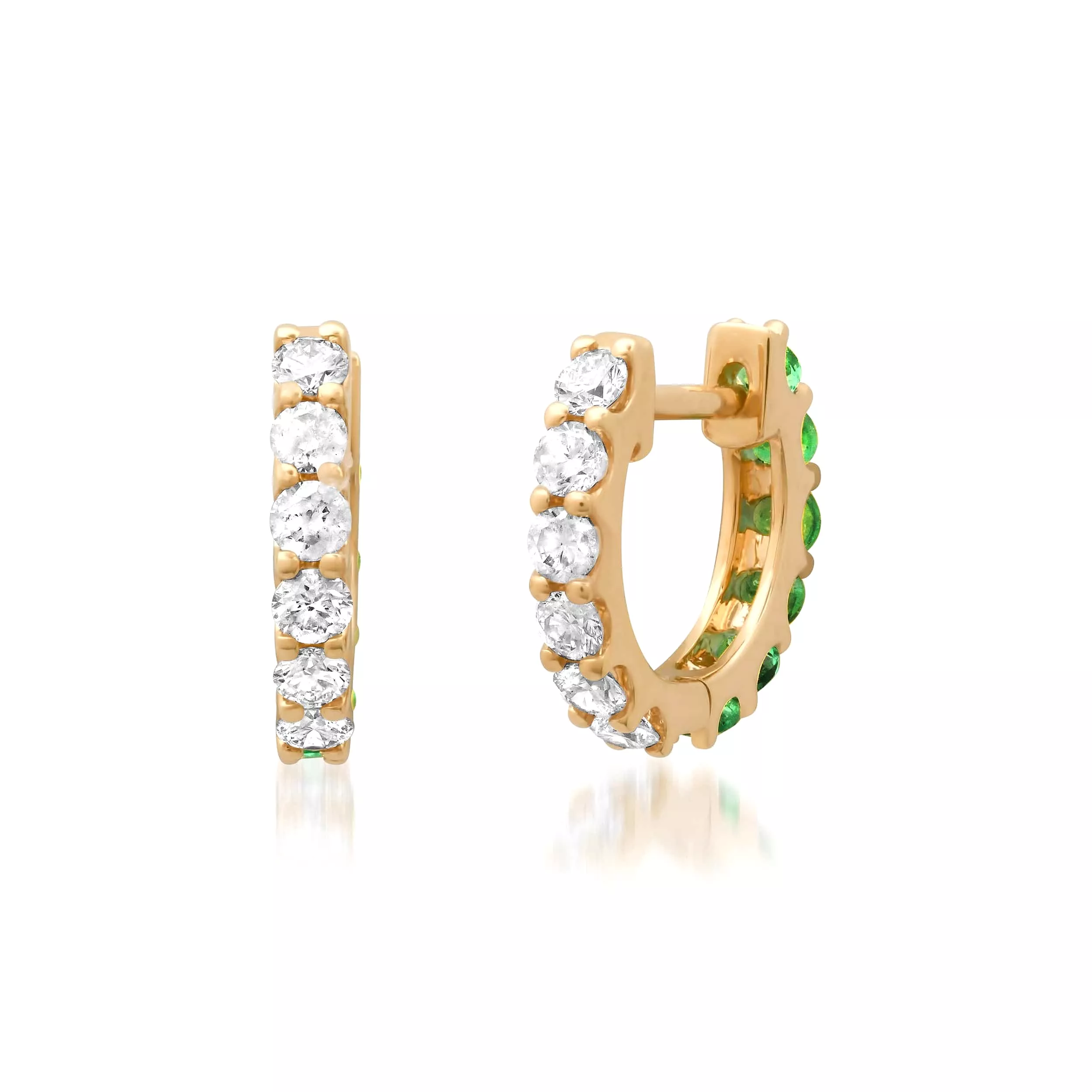 14K Gold Half & Half Emerald & Diamond Huggie Hoops Earrings