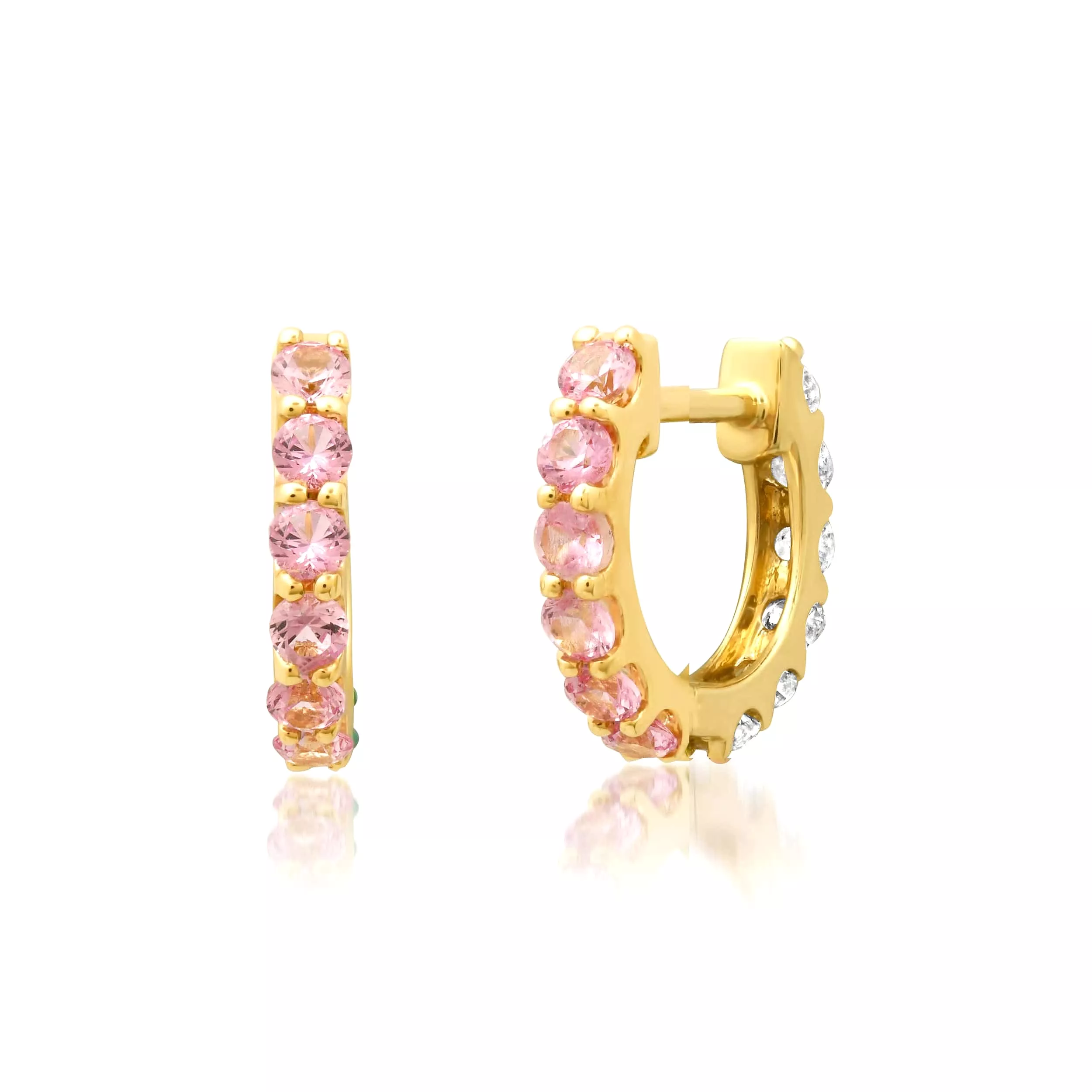 14K Gold Half & Half Pink Sapphire & Diamond Huggie Hoops Earrings