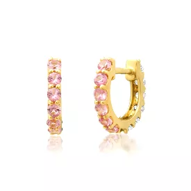 14K Gold Half & Half Pink Sapphire & Diamond Huggie Hoops Earrings