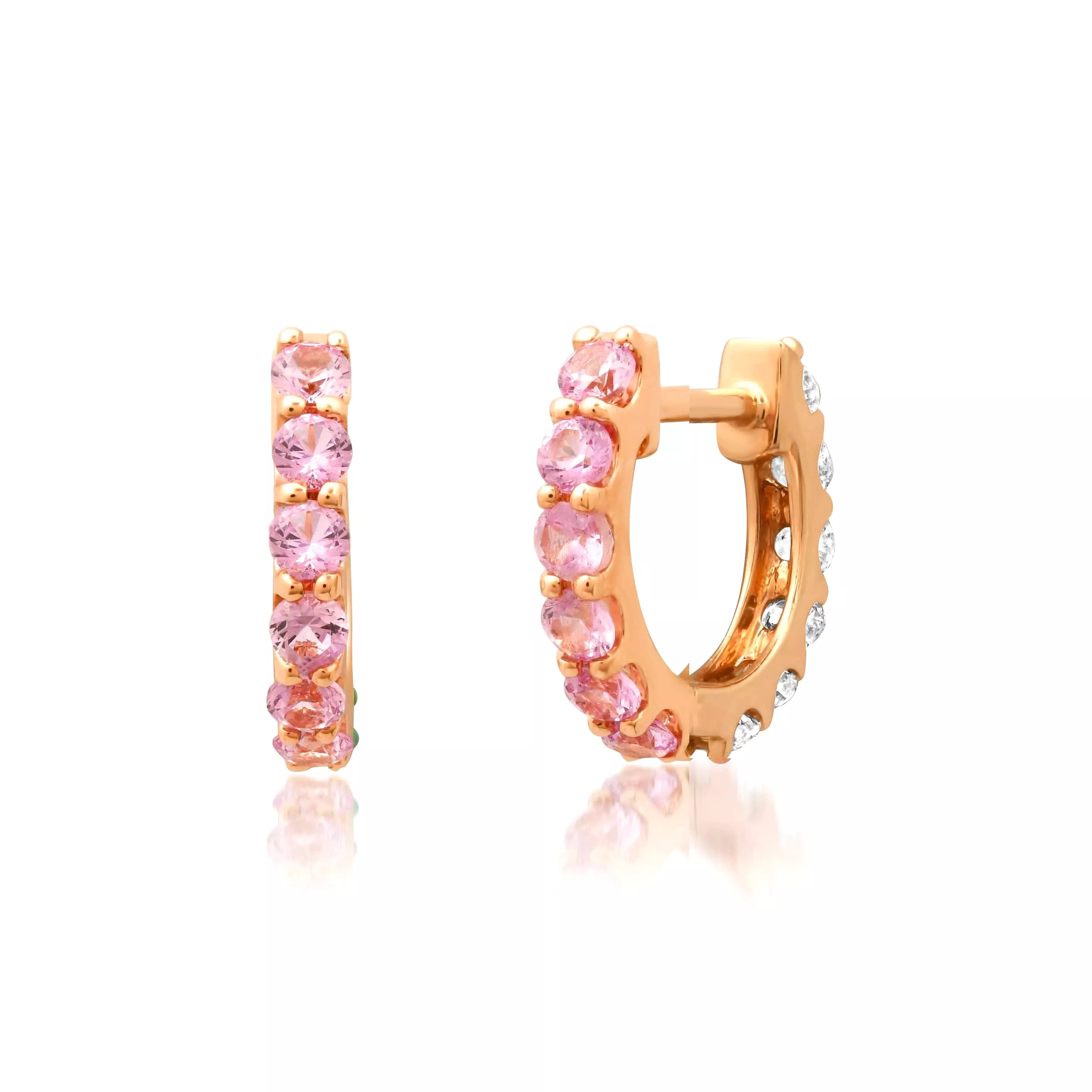 14K Gold Half & Half Pink Sapphire & Diamond Huggie Hoops Earrings