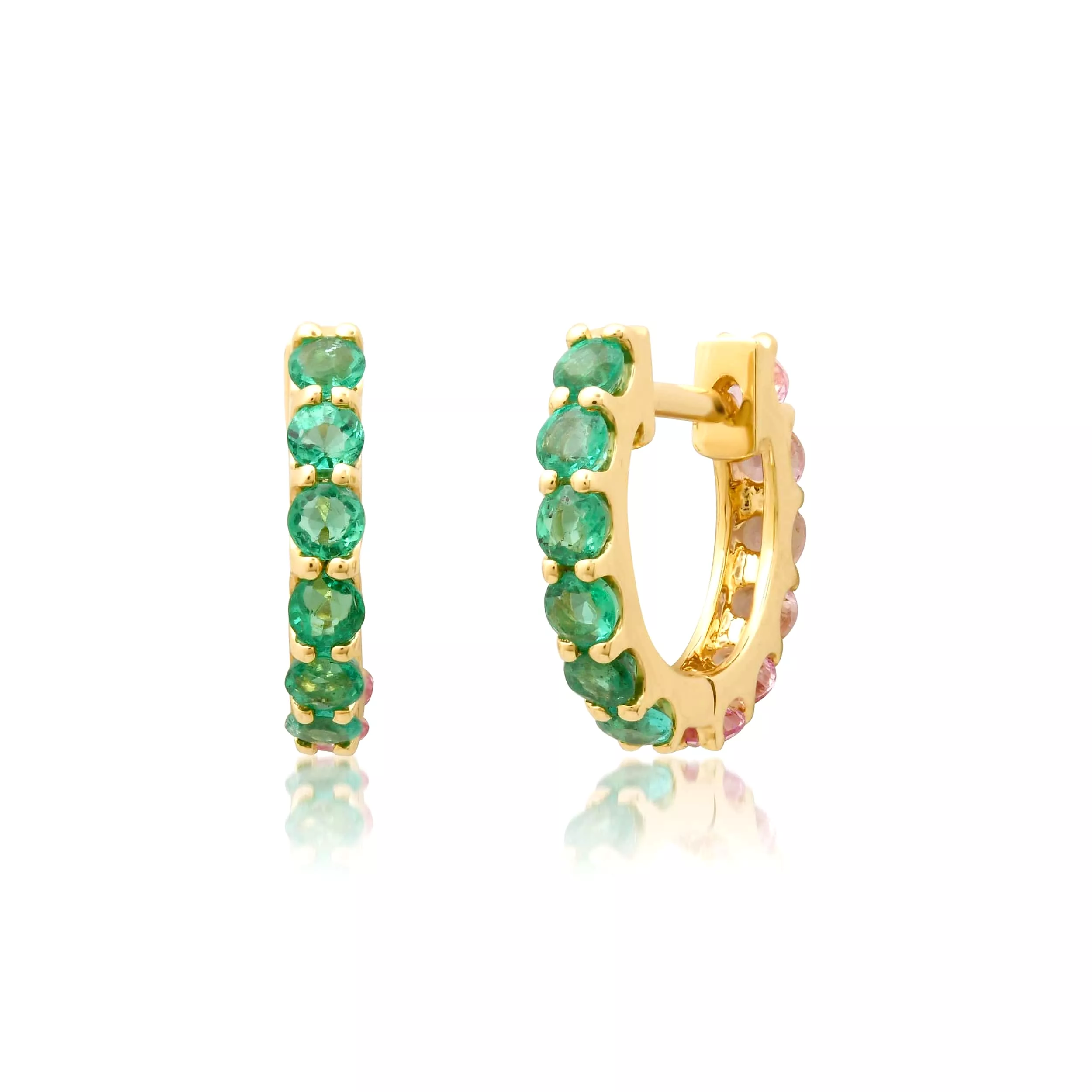 14K Gold Half & Half Pink Sapphire & Emerald Huggie Hoops Earrings