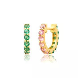 14K Gold Half & Half Pink Sapphire & Emerald Huggie Hoops Earrings