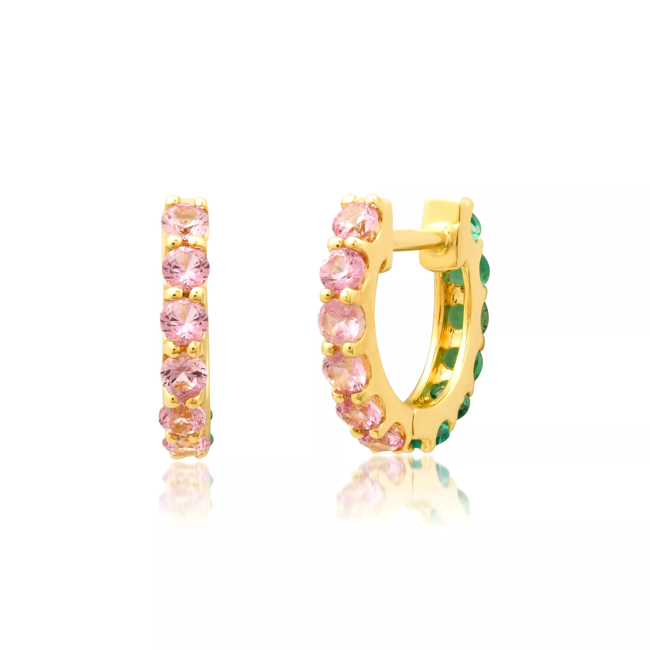 14K Gold Half & Half Pink Sapphire & Emerald Huggie Hoops Earrings