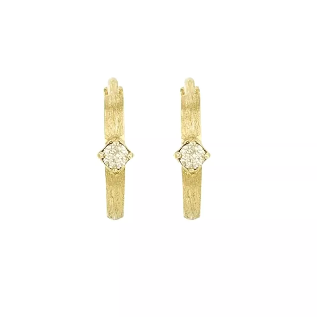 14K Gold Single Diamond Brushed Huggie Hoops Earrings