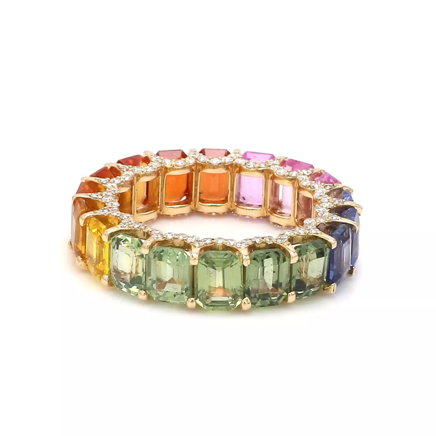 14K or 18K Gold Rainbow Sapphire and Pave Diamond Eternity Band