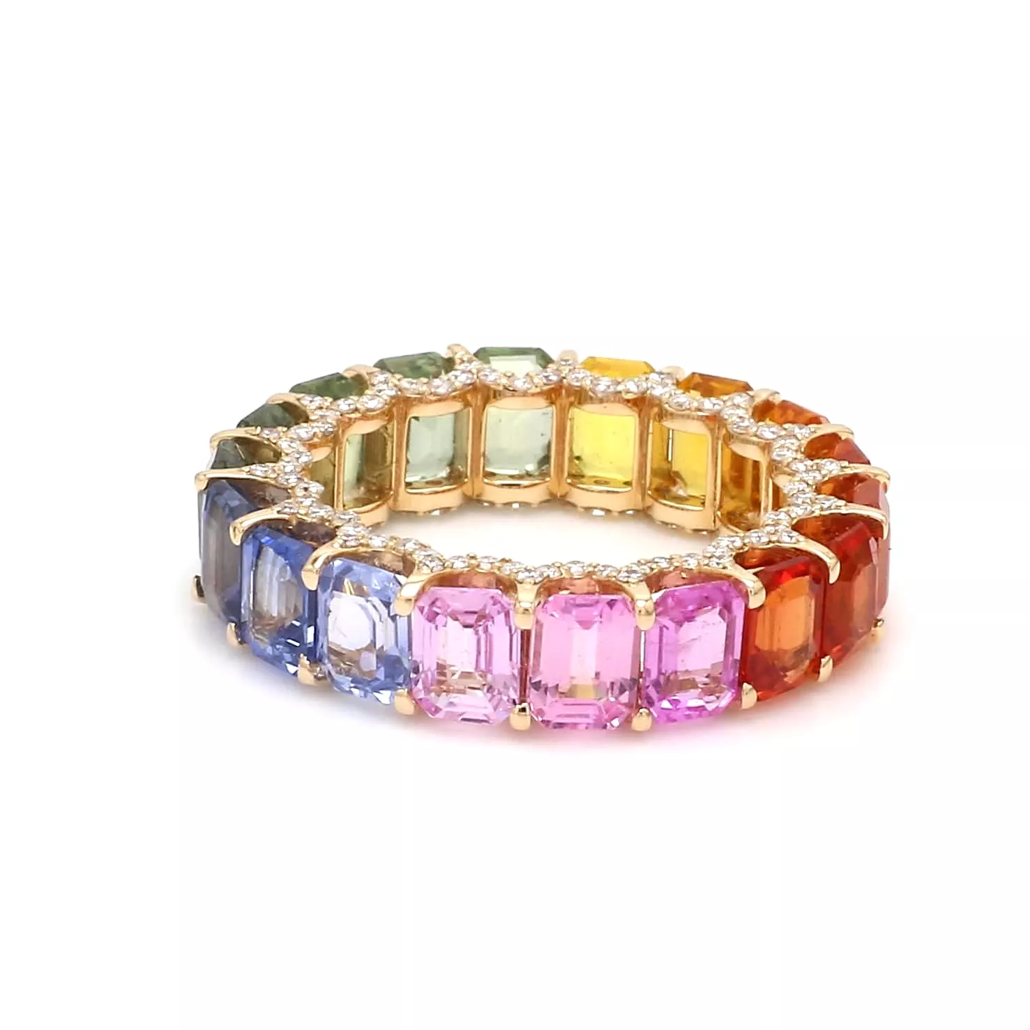 14K or 18K Gold Rainbow Sapphire and Pave Diamond Eternity Band