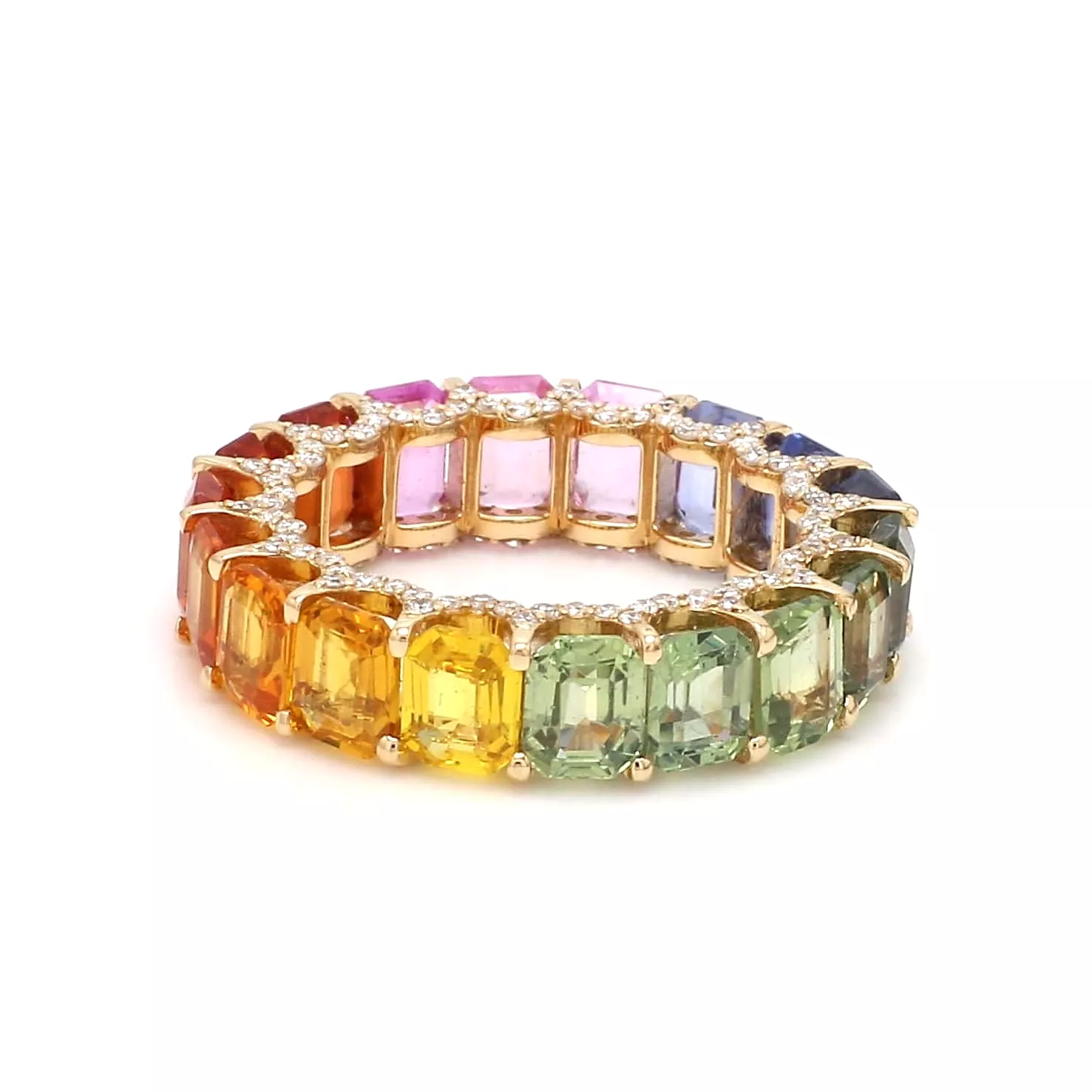 14K or 18K Gold Rainbow Sapphire and Pave Diamond Eternity Band