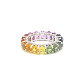 14K or 18K Gold Rainbow Sapphire and Pave Diamond Eternity Band