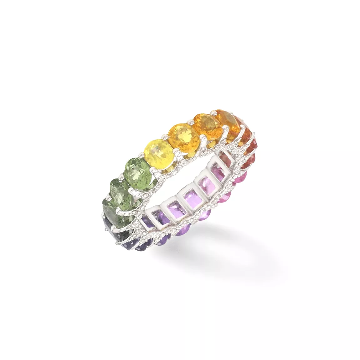 14K or 18K Gold Rainbow Sapphire and Pave Diamond Eternity Band