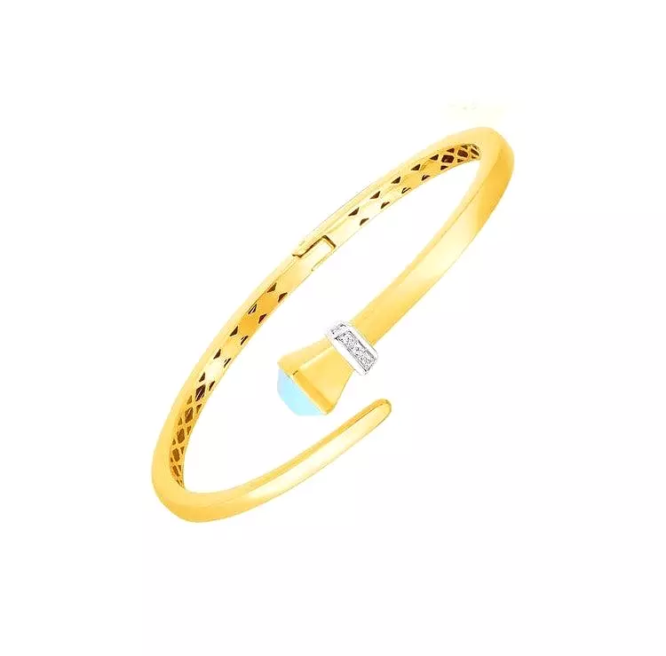 14k Yellow Gold Crossover Style Hinged Bangle Turquoise and Diamonds