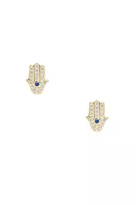 14k Yellow Gold Pavé Crystal Hamsa Studs Blue