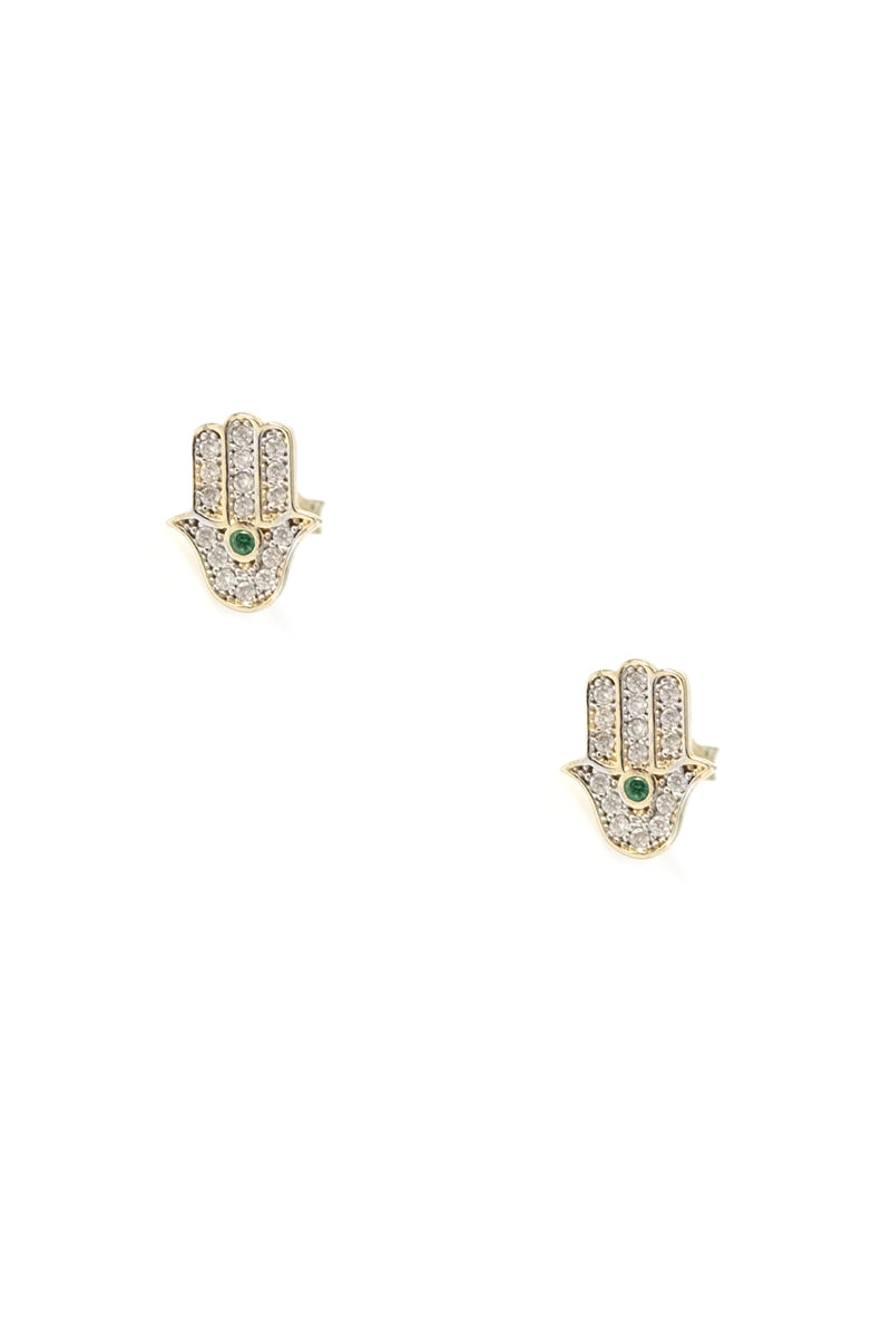 14k Yellow Gold Pavé Crystal Hamsa Studs Green