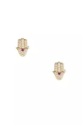 14k Yellow Gold Pavé Crystal Hamsa Studs Pink