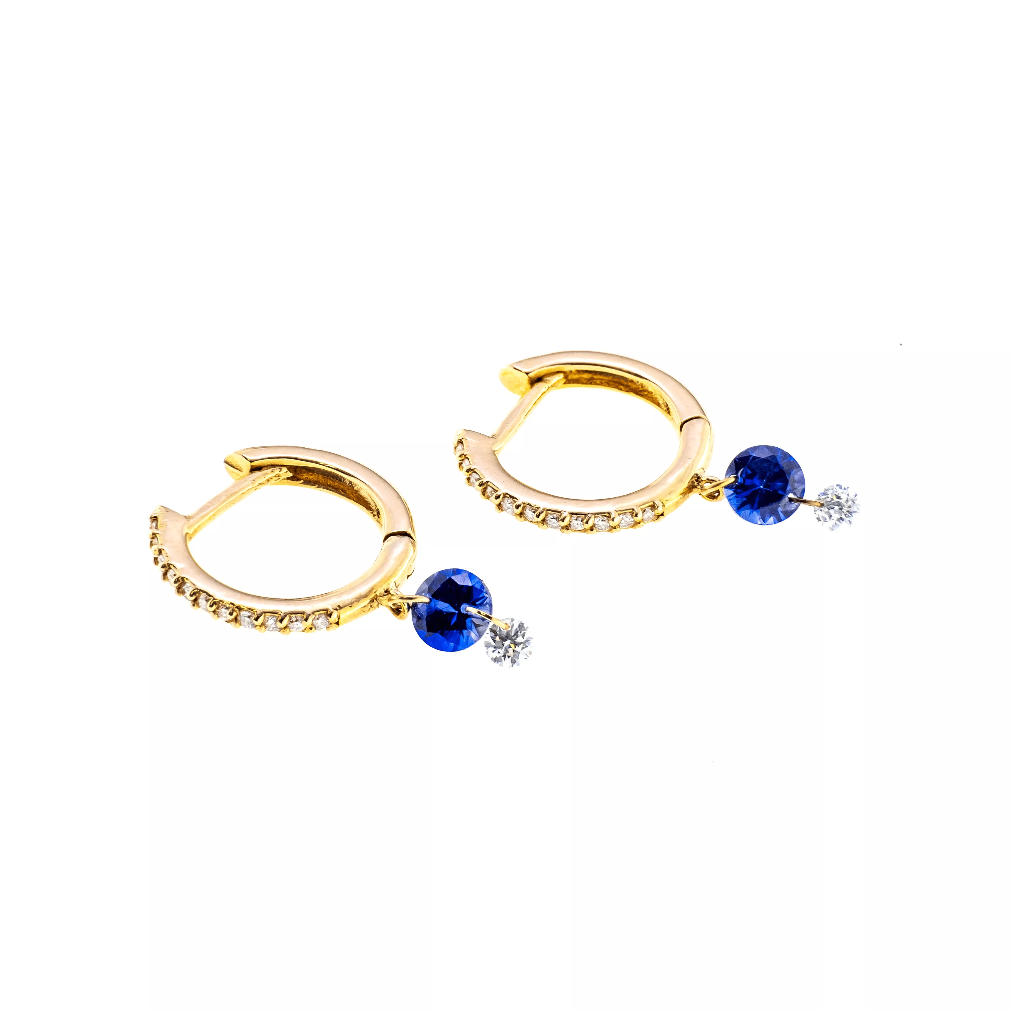 18K Gold Drilled Blue Sapphire and Pave Diamond Huggie Hoops Earrings