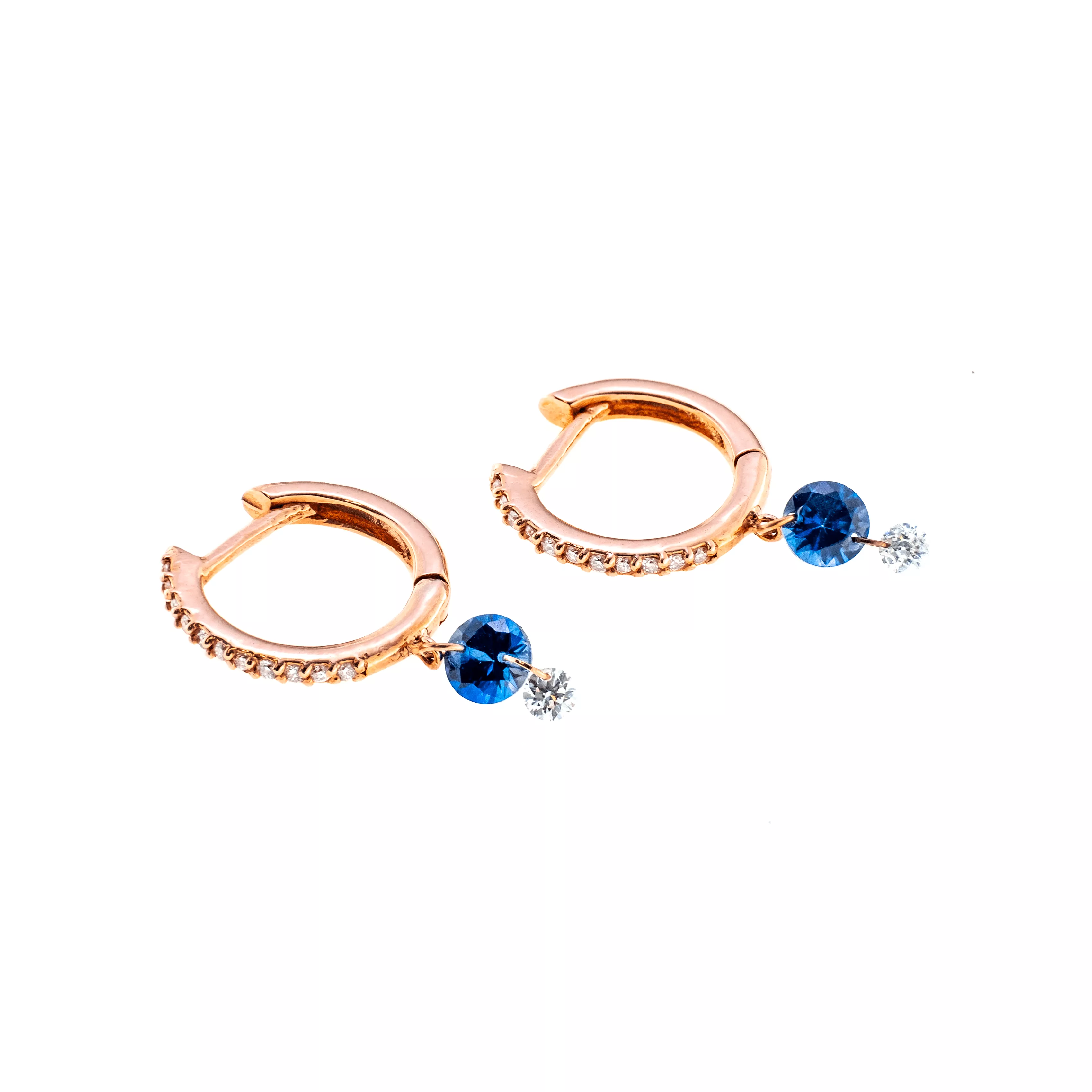 18K Gold Drilled Blue Sapphire and Pave Diamond Huggie Hoops Earrings