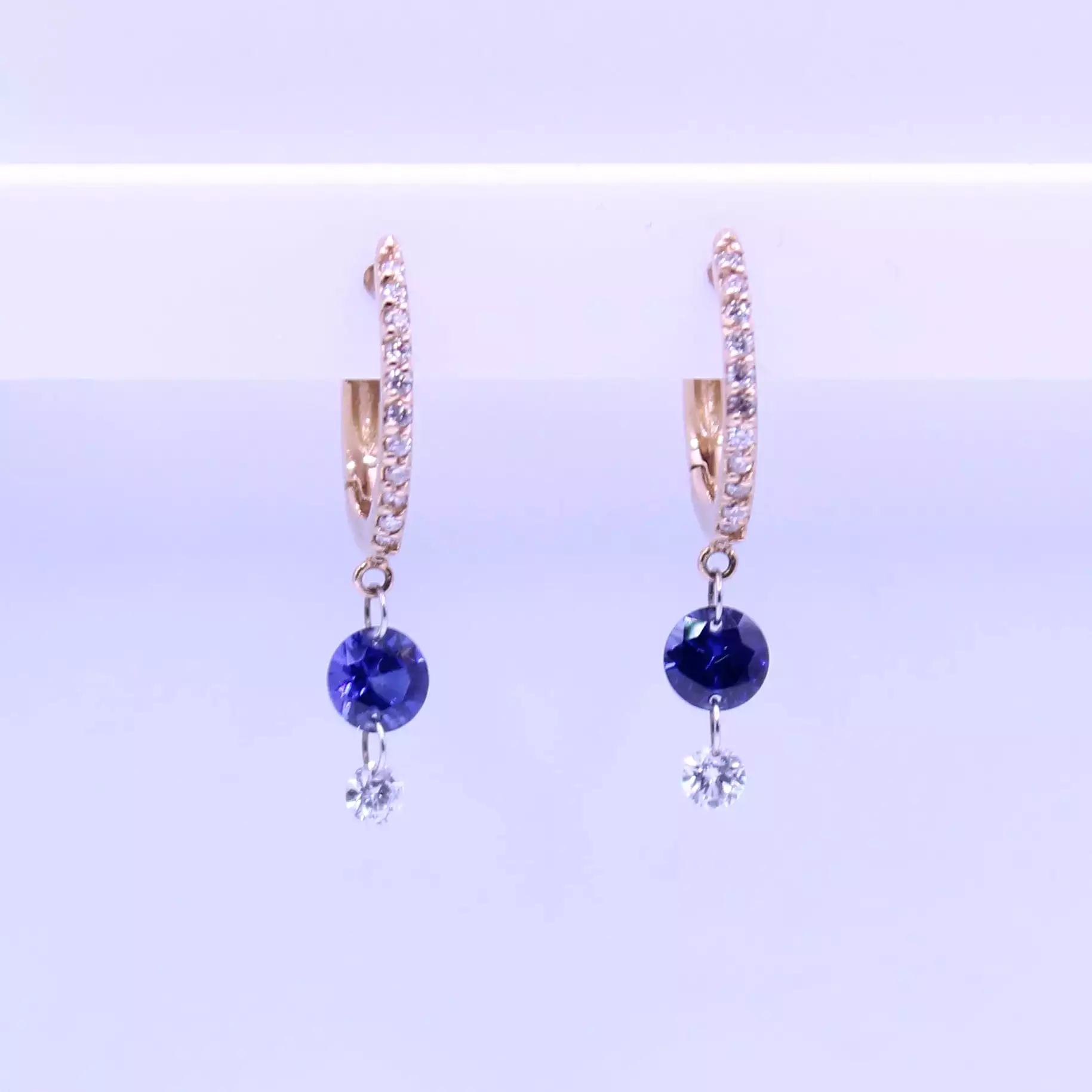 18K Gold Drilled Blue Sapphire and Pave Diamond Huggie Hoops Earrings