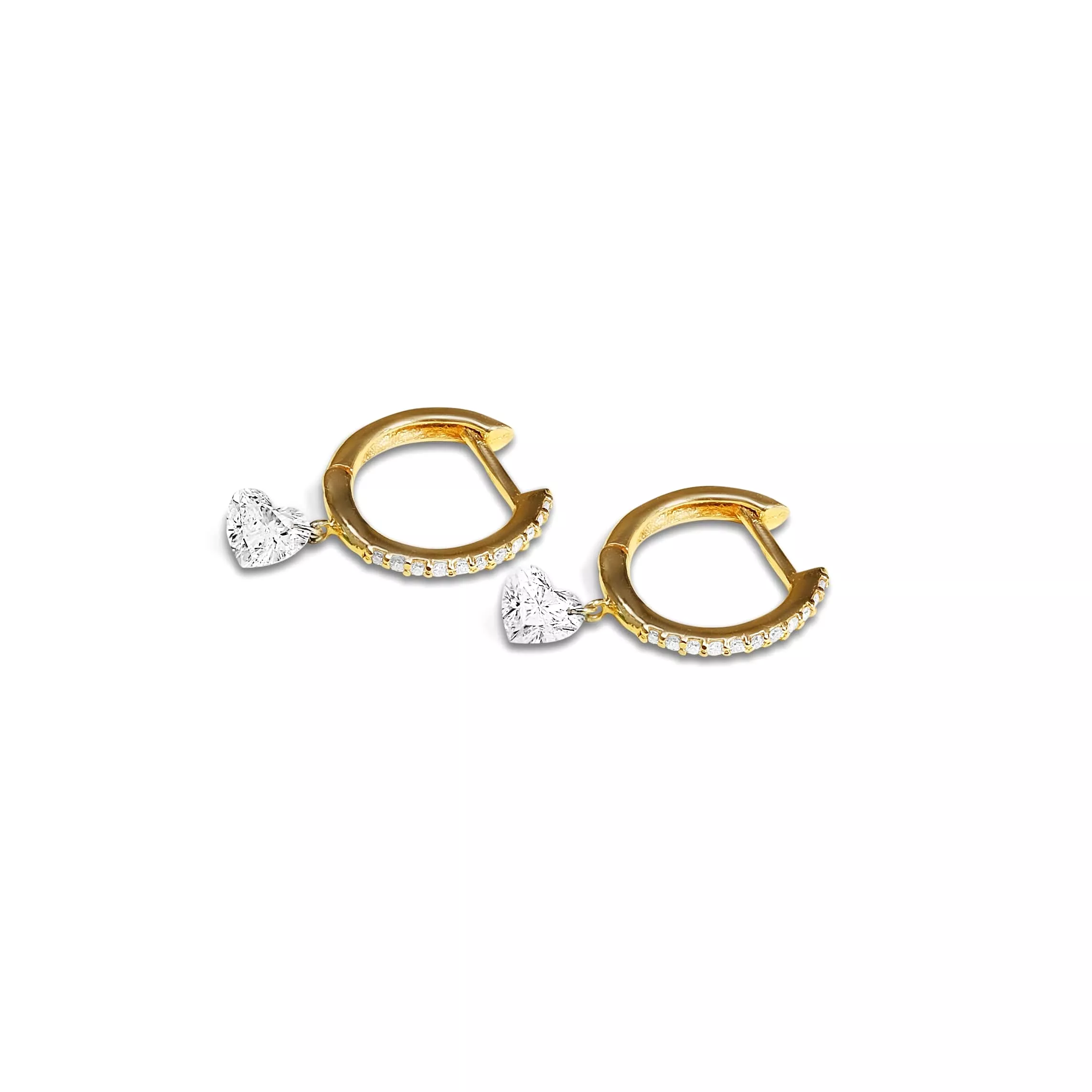 18K Gold Drilled Heart Diamond and Pave Diamond Huggie Hoops Earrings