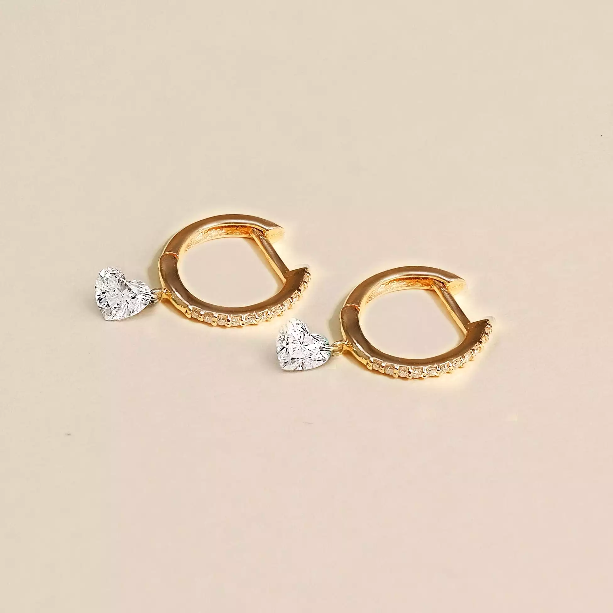 18K Gold Drilled Heart Diamond and Pave Diamond Huggie Hoops Earrings