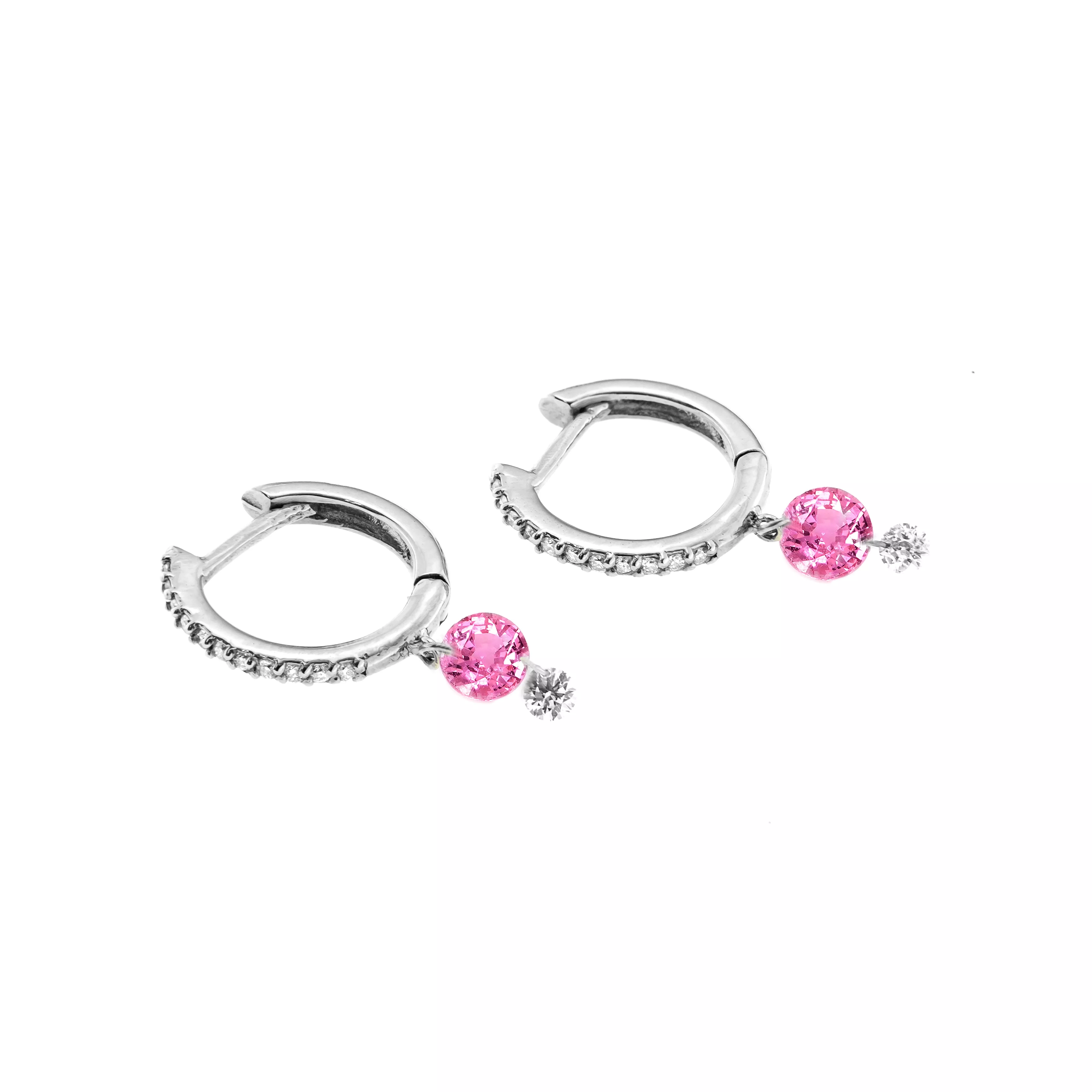 18K Gold Drilled Pink Sapphire an Pave Diamond Huggie Hoops Earrings