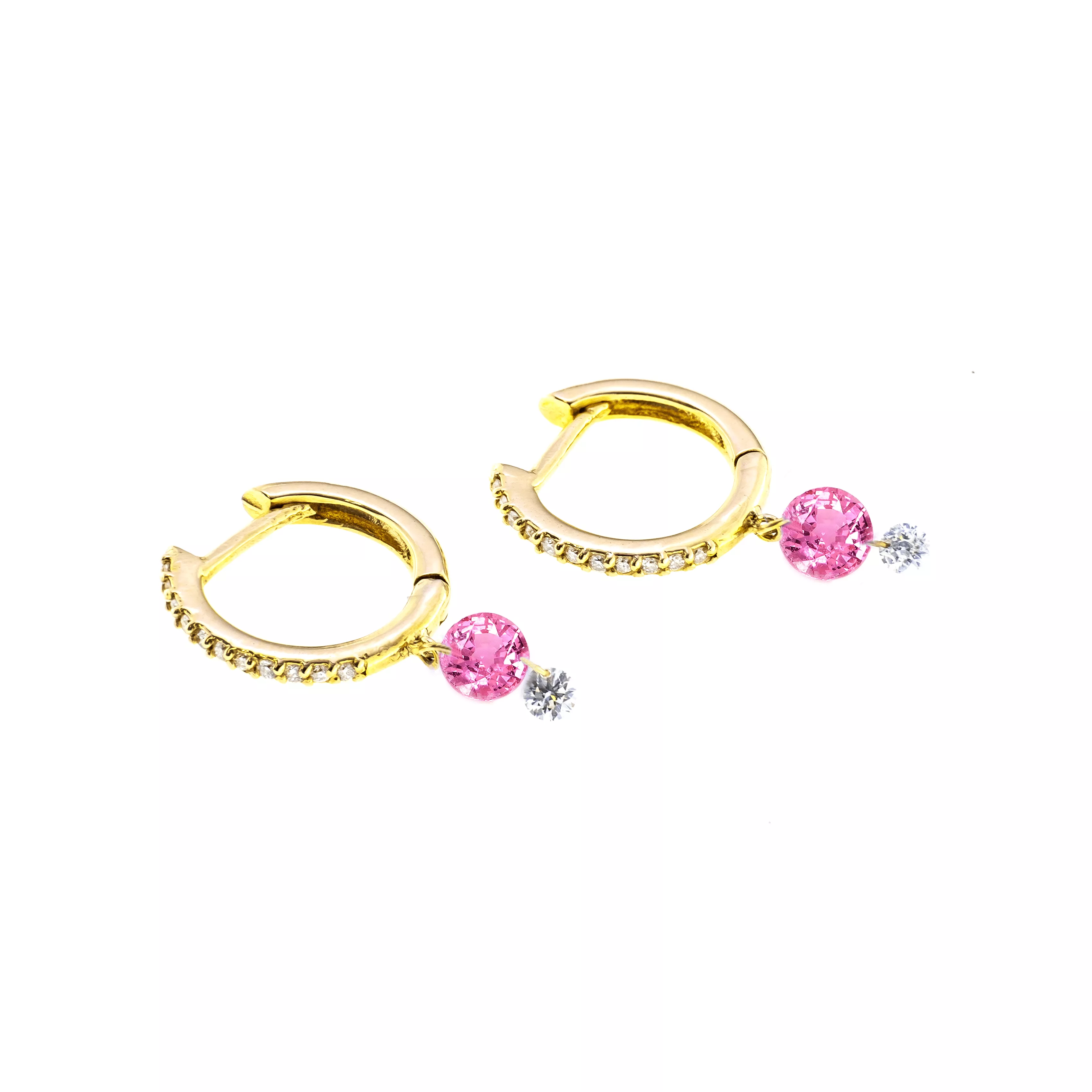 18K Gold Drilled Pink Sapphire an Pave Diamond Huggie Hoops Earrings