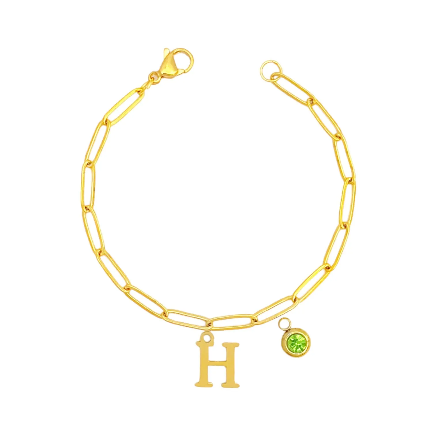 Alphabet Birthstone Paperclip Bracelet Gold (H-N)