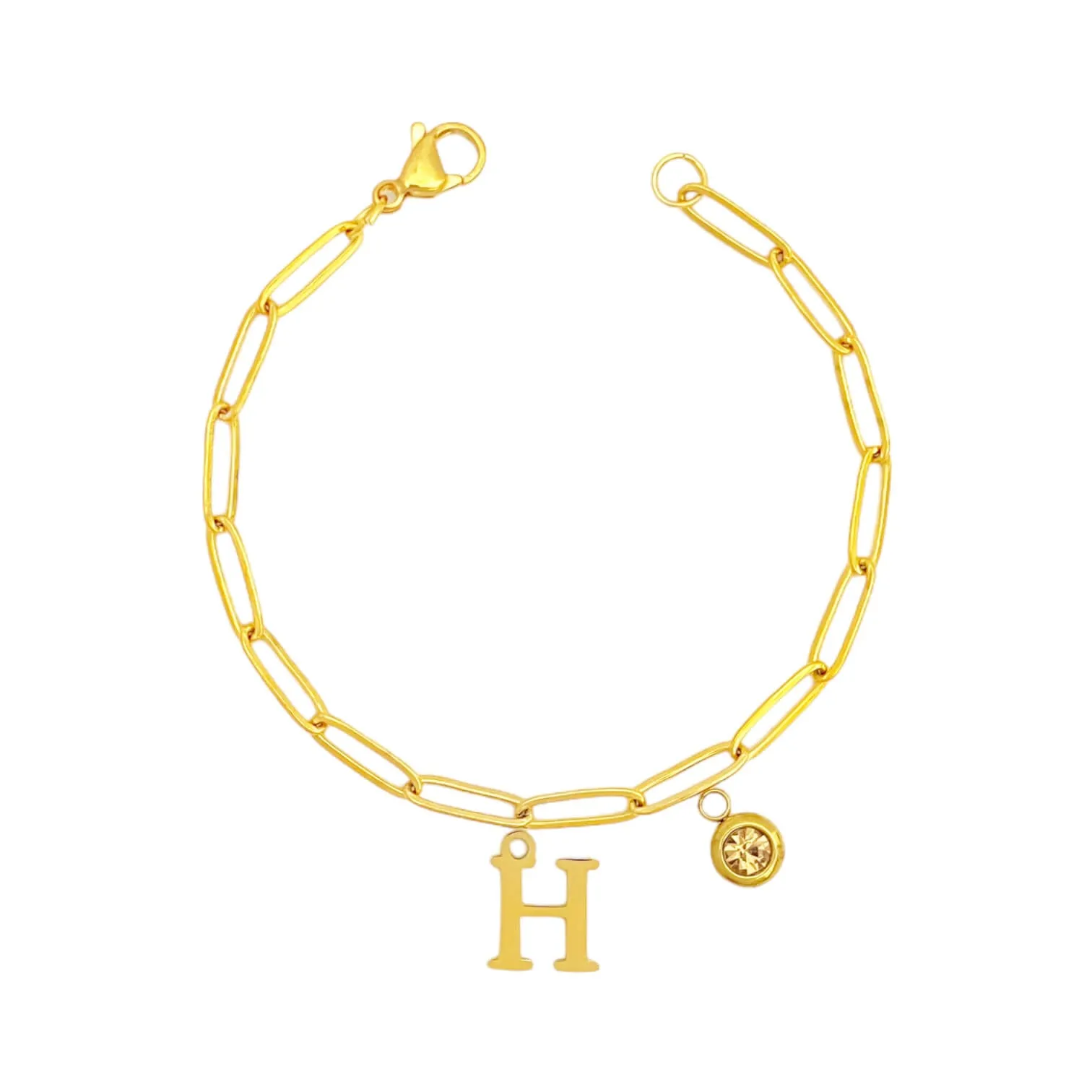 Alphabet Birthstone Paperclip Bracelet Gold (H-N)