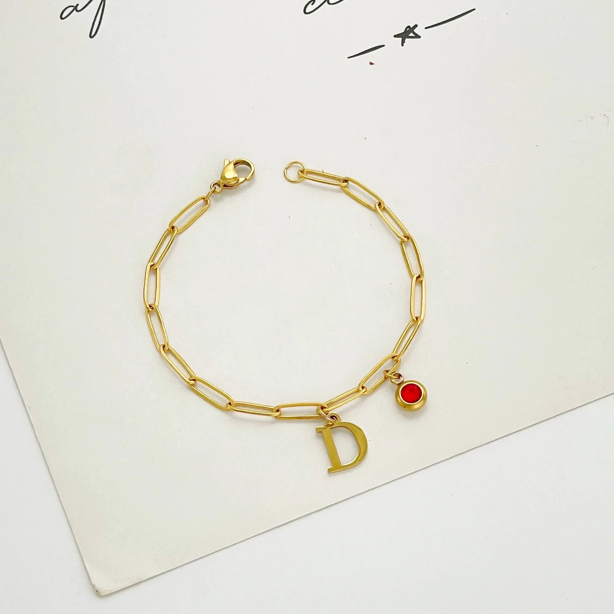 Alphabet Birthstone Paperclip Bracelet Gold (H-N)