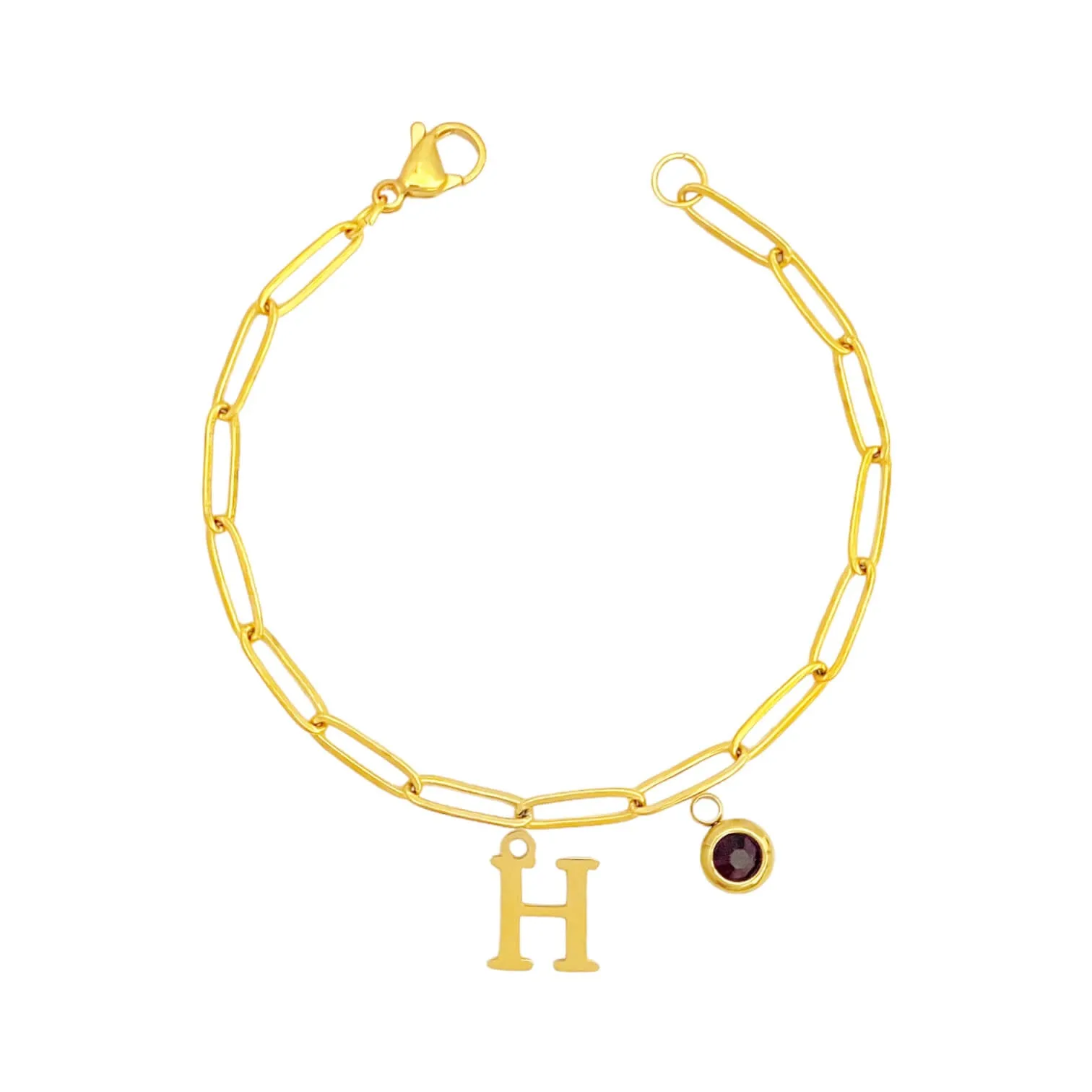 Alphabet Birthstone Paperclip Bracelet Gold (H-N)