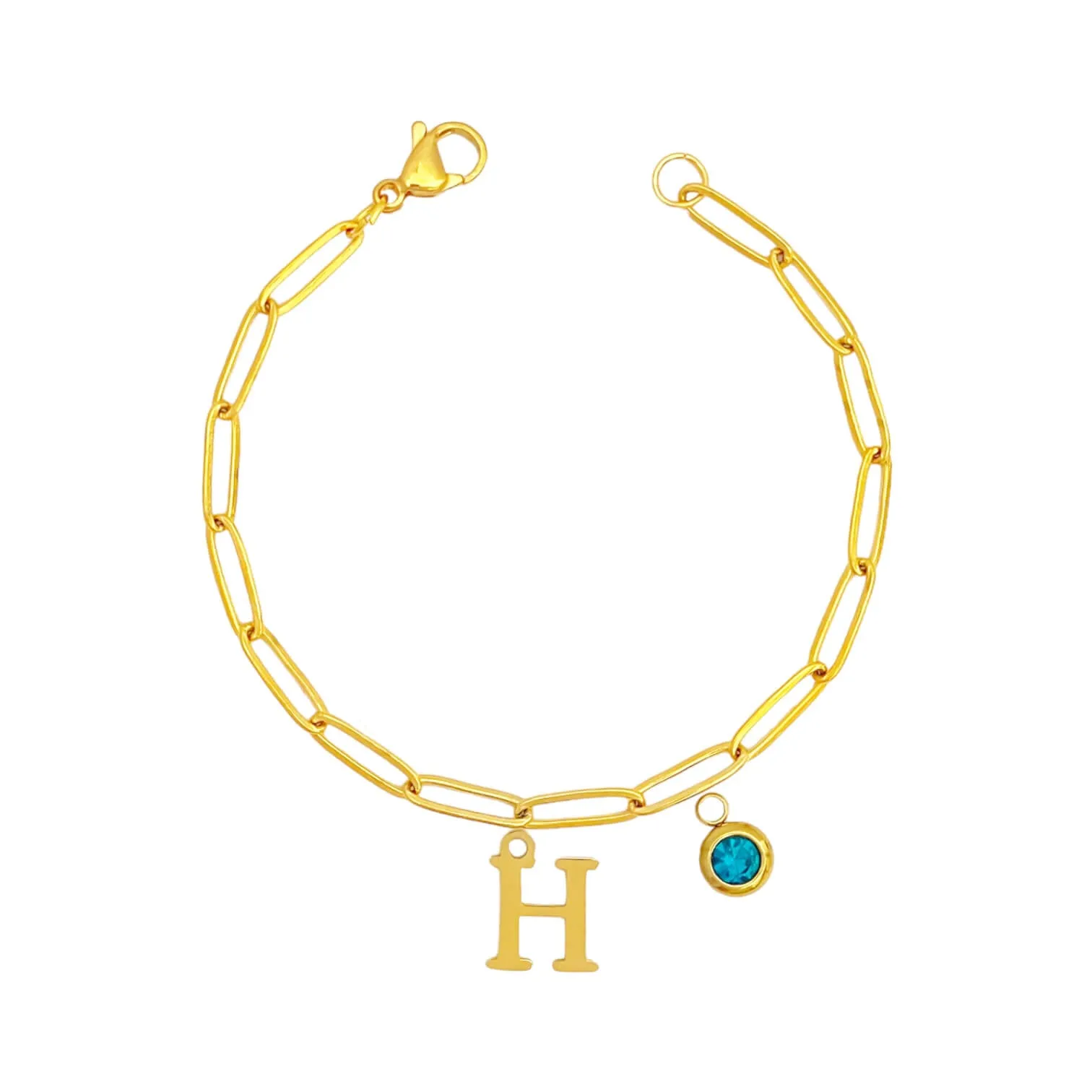 Alphabet Birthstone Paperclip Bracelet Gold (H-N)