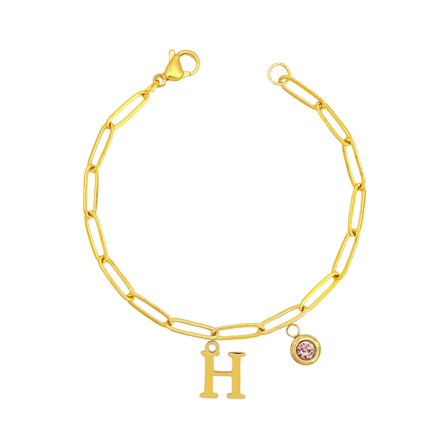 Alphabet Birthstone Paperclip Bracelet Gold (H-N)