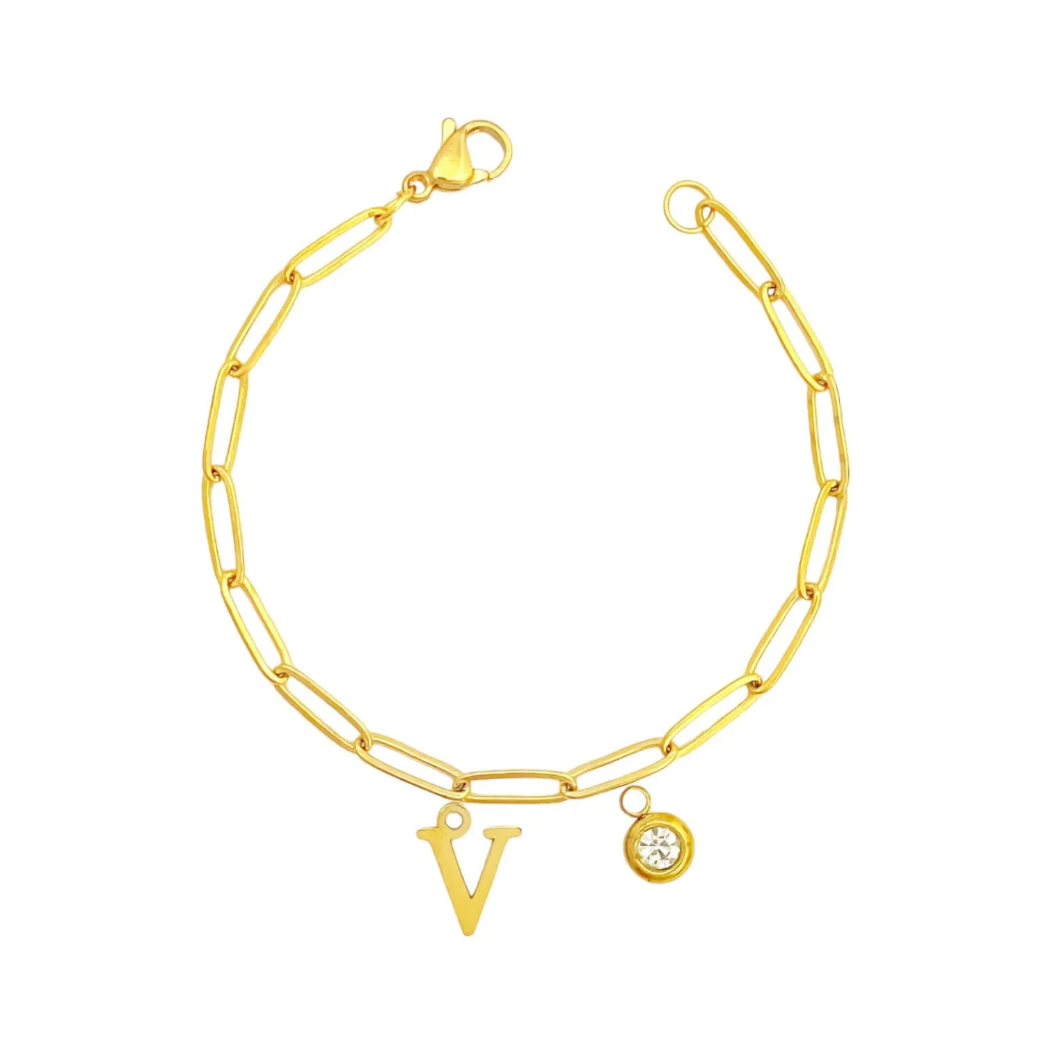 Alphabet Birthstone Paperclip Bracelet Gold (V-Z)