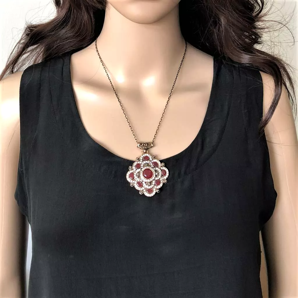 Antique Red and Clear Crystal Geometric Necklace