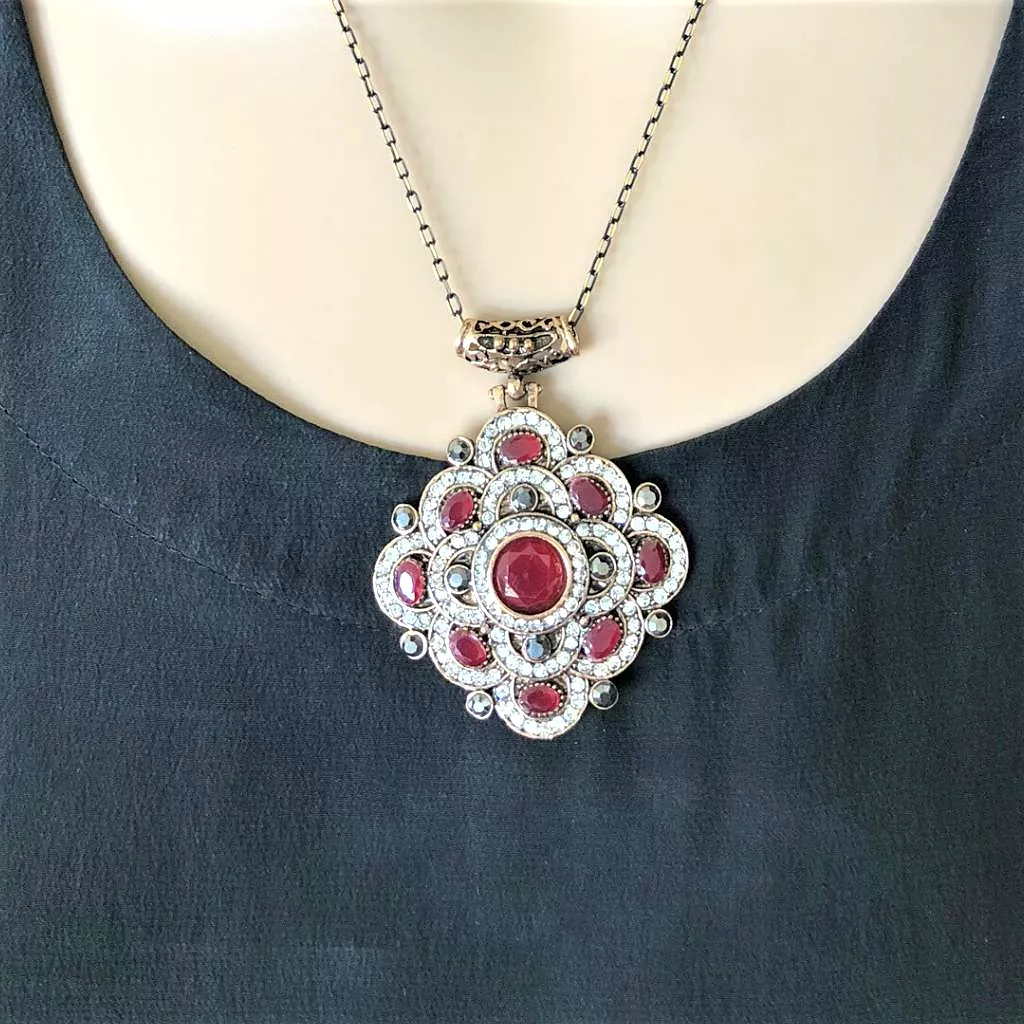 Antique Red and Clear Crystal Geometric Necklace