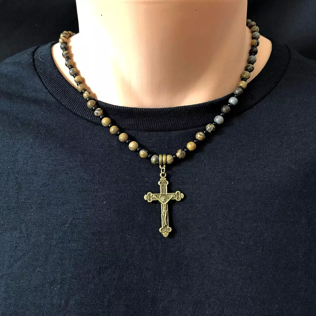 Artistic Stone and Gold Cross Mens Necklace