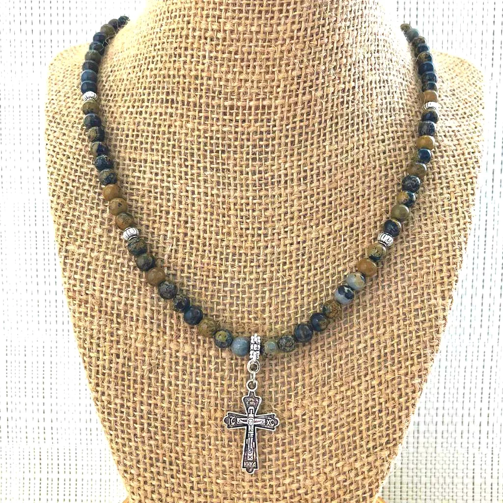 Artistic Stone Mens Brown Beaded Necklace with Silver Cross