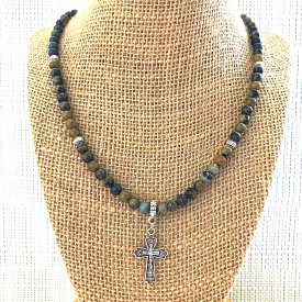 Artistic Stone Mens Brown Beaded Necklace with Silver Cross