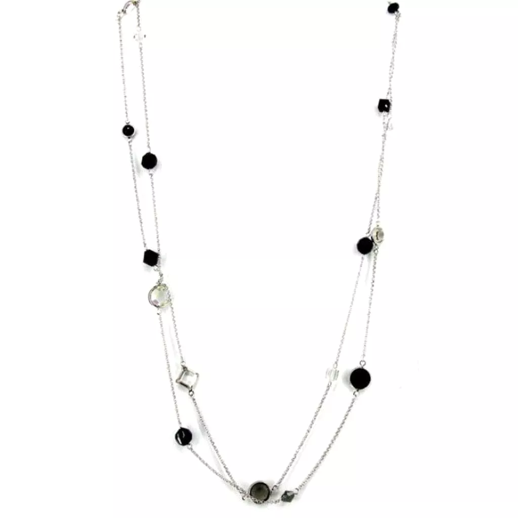 Black and Clear Crystal Long Silver Necklace