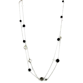 Black and Clear Crystal Long Silver Necklace