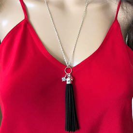 Black Leather Tassel Necklace with Star and Crystal